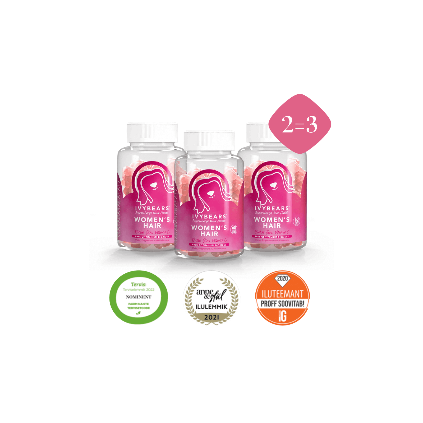 Komplekt! 3x IvyBears juuksekasvu kiirendavad ja väljalangemist vähendavad kummikarud 3x60tk