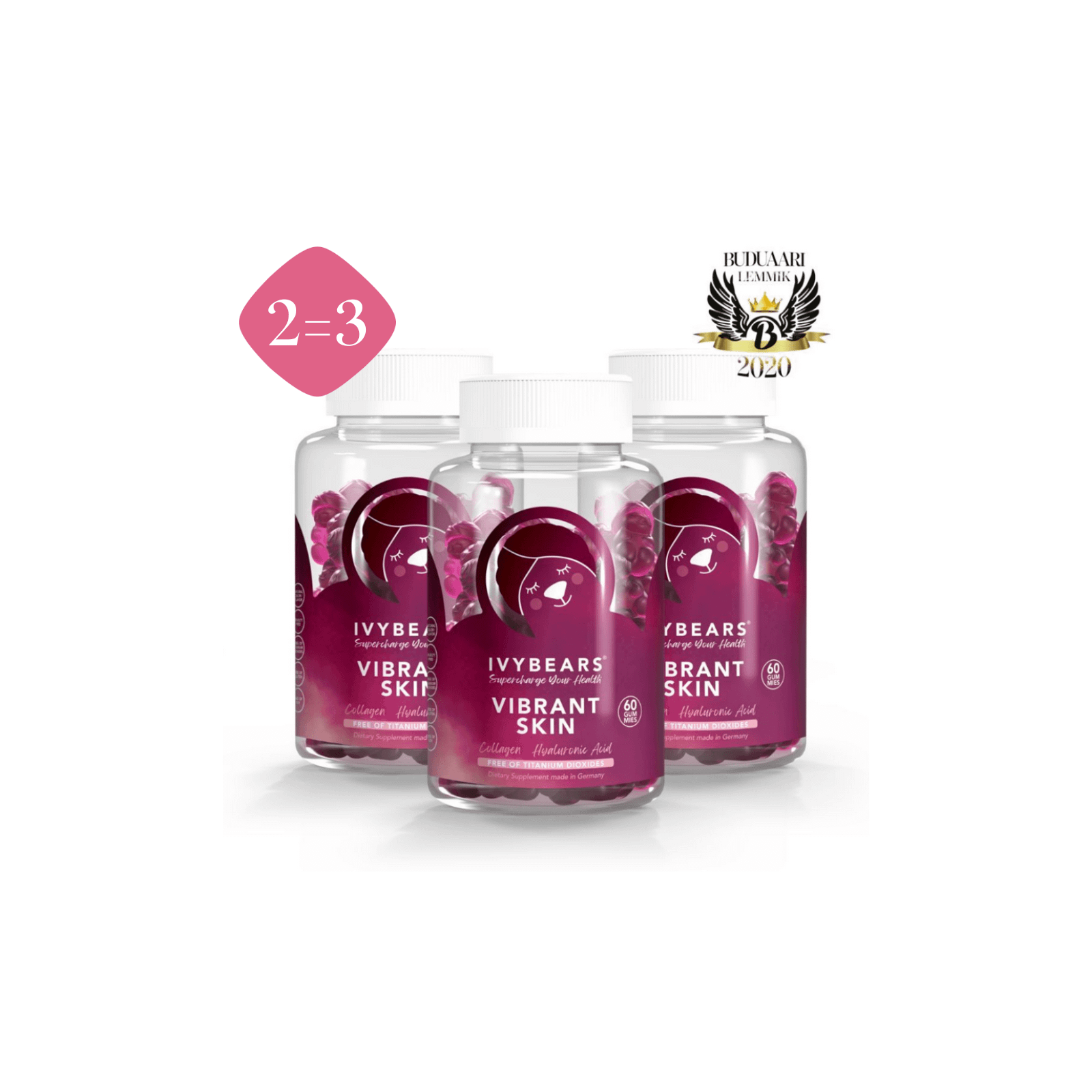 Komplekt! 3x IvyBears Vibrant Skin kollageeni ja hüaluroonhappega kummikarud nahale 3x60tk