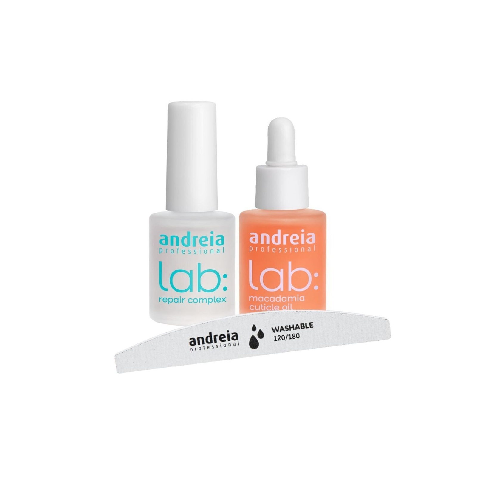 Andreia 120/180 pestav küüneviil + küünetugevdaja 10,5ml + Macadamia küünenahaõli 10,5ml komplekt
