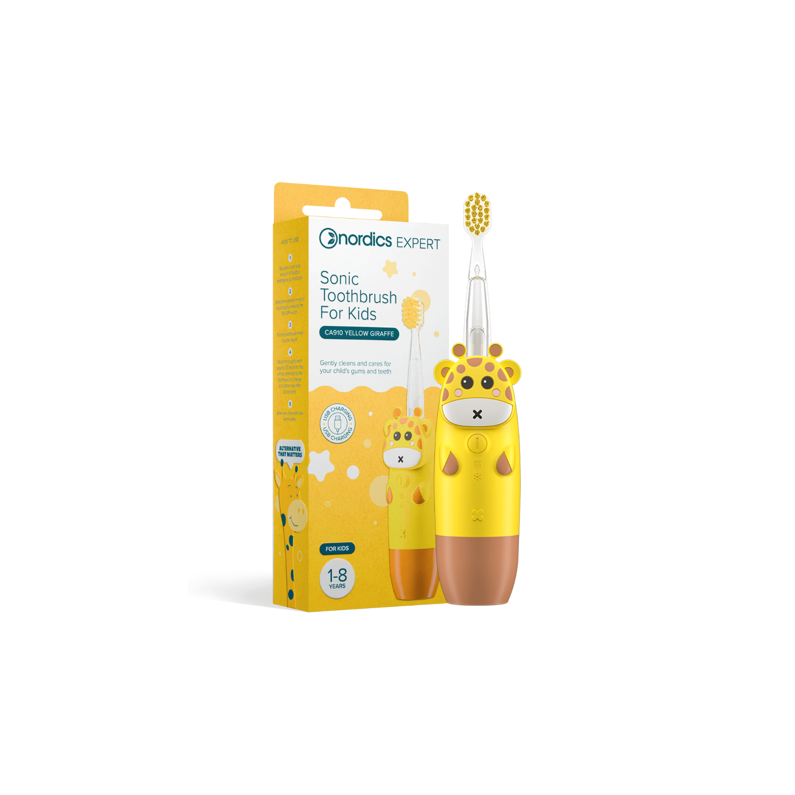 Nordics Kids Sonic Toothbrush CA910 Yellow Giraffe elektriline hambahari USB kaabliga